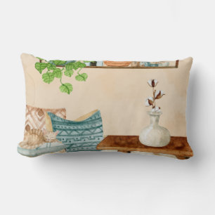 Cosy Bohemian Living Room Watercolor Art Lumbar Cushion