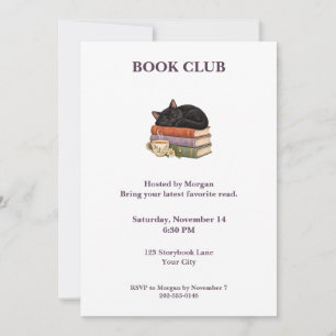 Cosy Book Cat Book Club Invitation in Plum