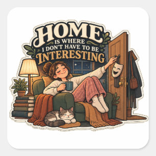 Cosy Book Lover Cat & Funny Introvert Quote Sticke Square Sticker