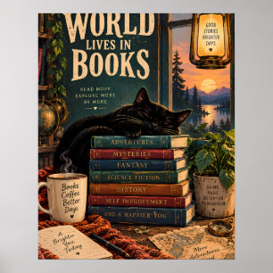 Cosy Book Nook Illustration with Sleeping Cat and Poster