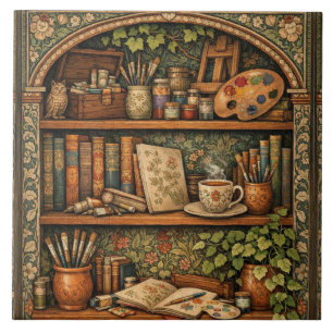 Cosy book shelf books artist supplies coffee ceramic tile