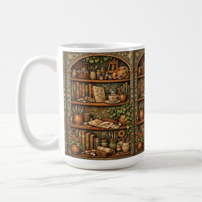 Cosy book shelf books artist supplies coffee mug (Left)