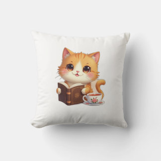 Cosy Bookish Cat Throw Pillow – Cute Tea & Reading