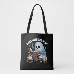 Cosy Bookish Halloween Ghost Skeleton Reading Tote Bag