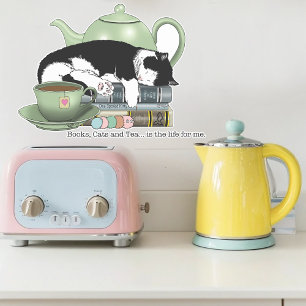 Cosy Books Cat Tuxedo Tea Cute Green Teapot Reader