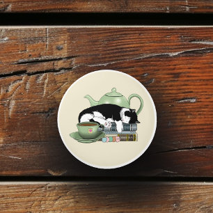 Cosy Books Cat Tuxedo Tea Cute Green Teapot Reader Ceramic Knob
