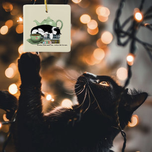 Cosy Books Cat Tuxedo Tea Cute Green Teapot Reader Ceramic Ornament