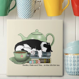 Cosy Books Cat Tuxedo Tea Cute Green Teapot Reader Ceramic Tile