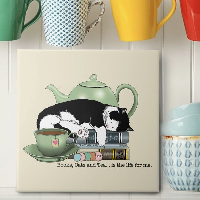 Cosy Books Cat Tuxedo Tea Cute Green Teapot Reader Ceramic Tile (Creator Uploaded)