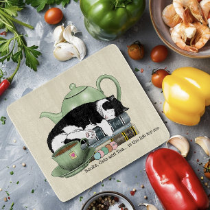 Cosy Books Cat Tuxedo Tea Cute Green Teapot Reader Cutting Board