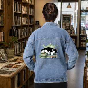 Cosy Books Cat Tuxedo Tea Cute Green Teapot Reader Denim Jacket
