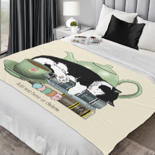 Cosy Books Cat Tuxedo Tea Cute Green Teapot Reader Fleece Blanket