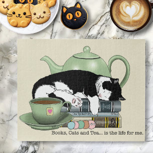 Cosy Books Cat Tuxedo Tea Cute Green Teapot Reader Jigsaw Puzzle