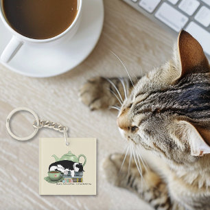 Cosy Books Cat Tuxedo Tea Cute Green Teapot Reader Key Ring