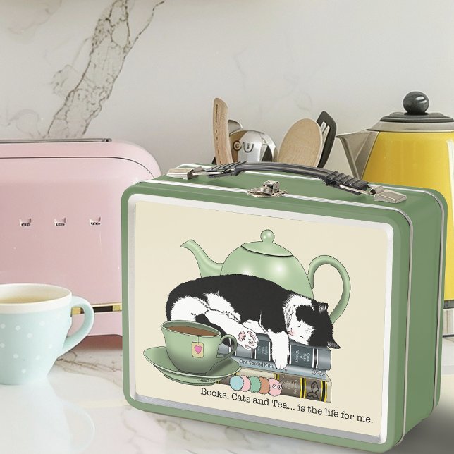 Cosy Books Cat Tuxedo Tea Cute Green Teapot Reader Metal Lunch Box (Creator Uploaded)