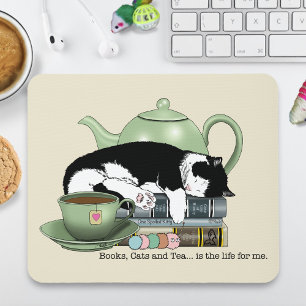 Cosy Books Cat Tuxedo Tea Cute Green Teapot Reader Mouse Pad