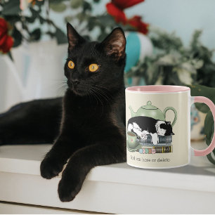 Cosy Books Cat Tuxedo Tea Cute Green Teapot Reader Mug