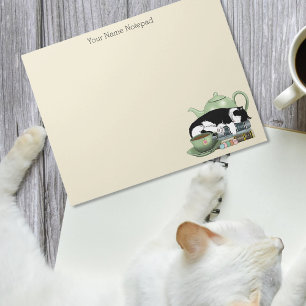 Cosy Books Cat Tuxedo Tea Cute Green Teapot Reader Notepad
