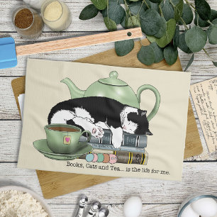 Cosy Books Cat Tuxedo Tea Cute Green Teapot Reader Towel