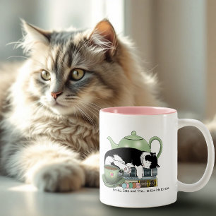 Cosy Books Cat Tuxedo Tea Cute Green Teapot Reader Two-Tone Coffee Mug