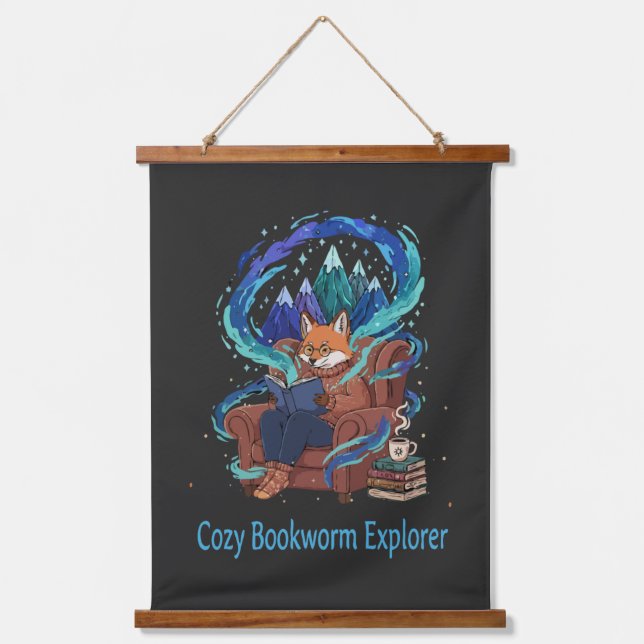 Cosy Bookworm Explorer | Whimsical Fox Reading  Hanging Tapestry (Front)