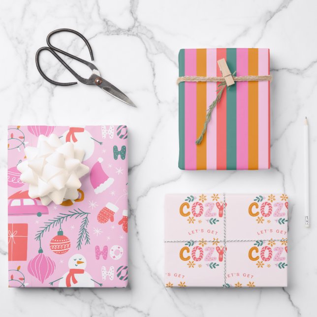 Cosy Bright Pink Snowman Christmas Wrapping Paper Sheet (Front)