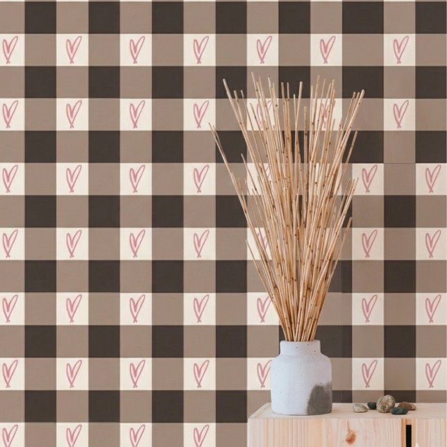 Cosy Brown Gingham Plaid Hearts Pattern Wallpaper (Creator Uploaded)