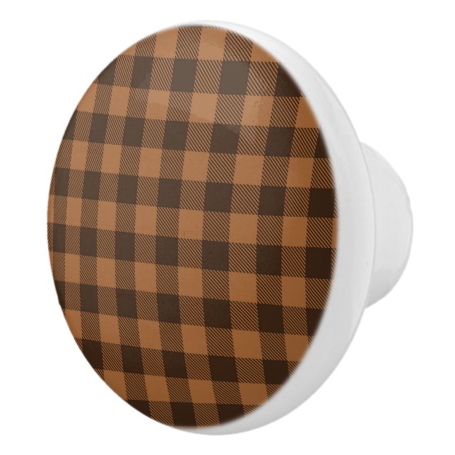 Cosy Brown Plaid Buffalo Print Pattern Ceramic Knob (Right)