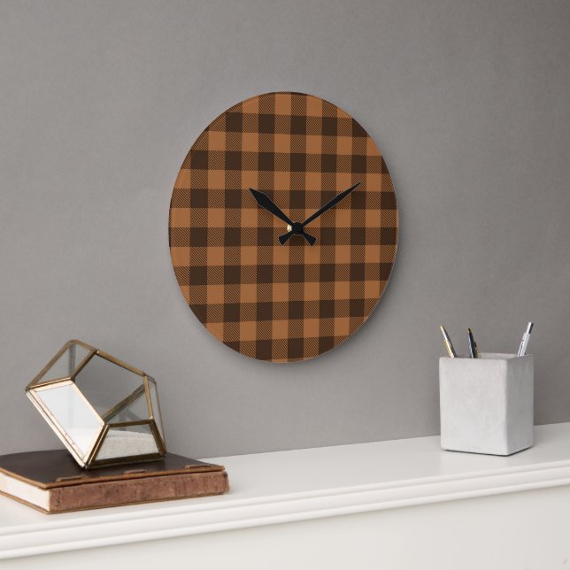 Cosy Brown Plaid Buffalo Print Pattern Large Clock (Office)