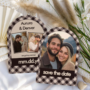 Cosy Brown Plaid Retro Arch Multi Photo Wedding Save The Date