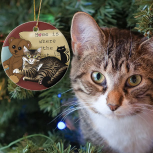 Cosy Burgundy Whimsical Tabby Cat Home Ceramic Ornament