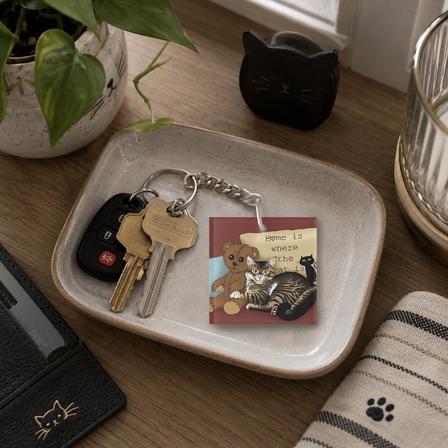 Cosy Burgundy Whimsical Tabby Cat Home Key Ring (Creator Uploaded)