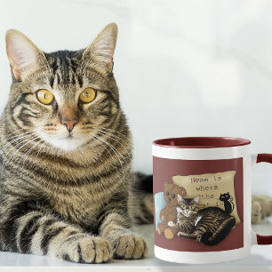 Cosy Burgundy Whimsical Tabby Cat Home Mug