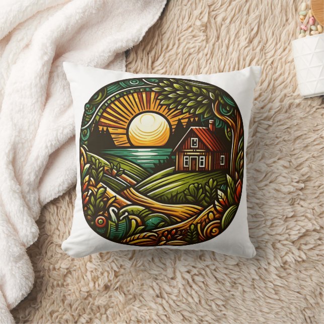 Cosy cabin at sunset in a vibrant landscape cushion (Blanket)