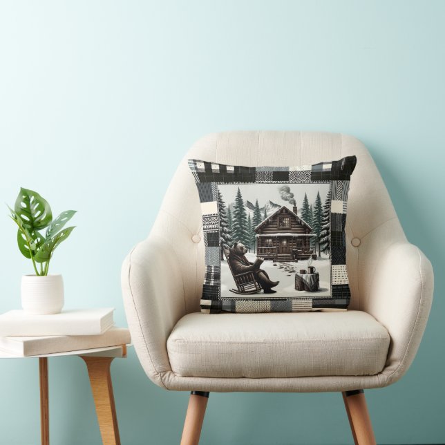 Cosy Cabin Bear Throw Pillow – Rustic Winter Lodge (Chair)