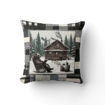 Cosy Cabin Bear Throw Pillow – Rustic Winter Lodge