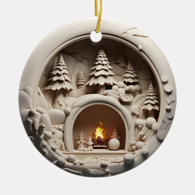 Cosy Cabin Christmas Fireplace Ceramic Ornament (Front)