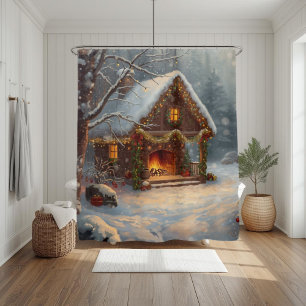 Cosy Cabin Fireplace Christmas Shower Curtain