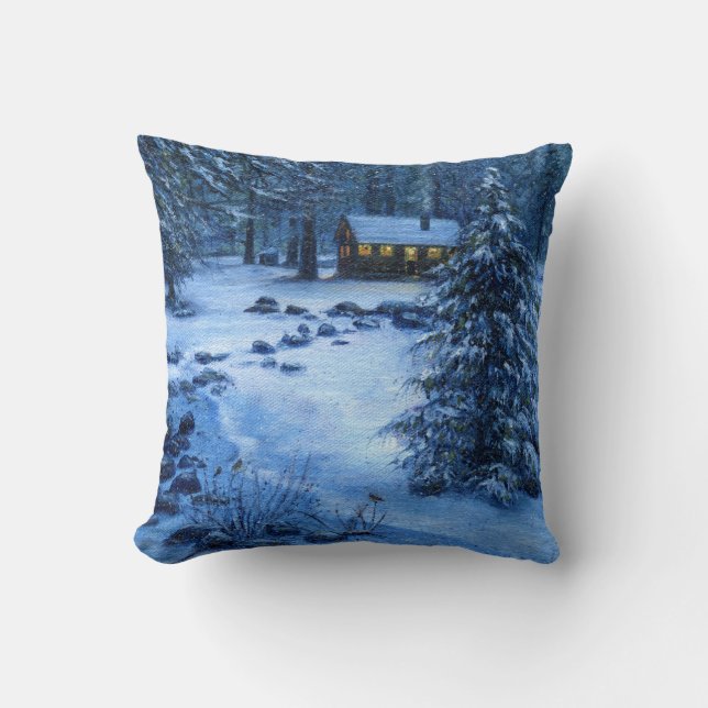 "Cosy Cabin in the Snow" Pillow (Front)