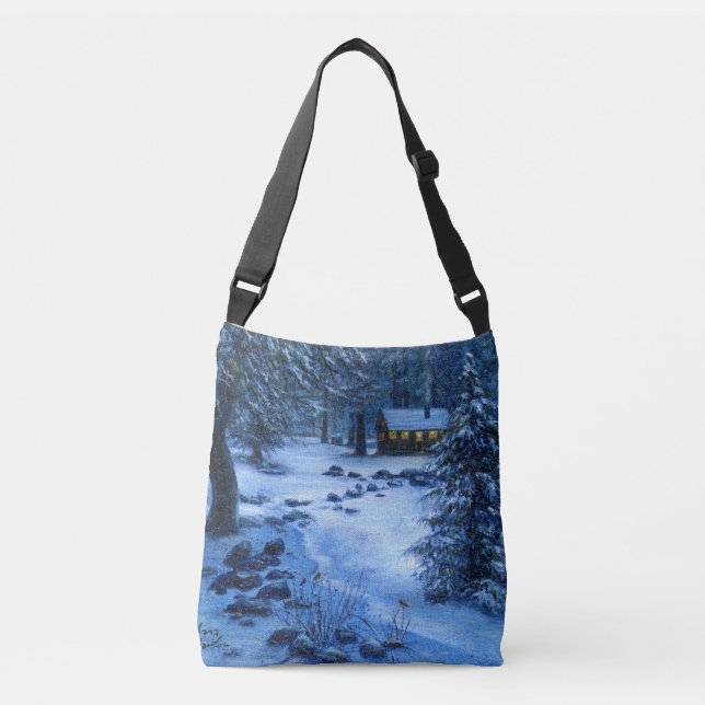 "Cosy Cabin in the Snow" Tote Bag (Front)