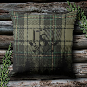 Cosy Cabin Plaid Pine Tree Silhouettes Monogram Cushion
