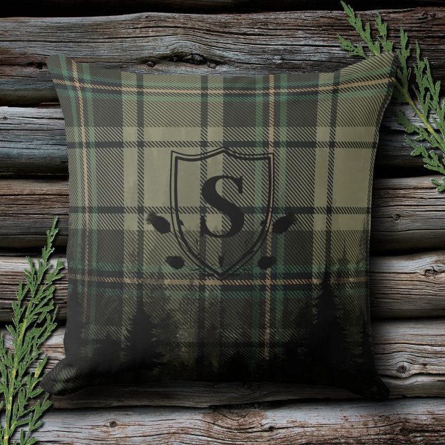 Cosy Cabin Plaid Pine Tree Silhouettes Monogram Cushion (Creator Uploaded)