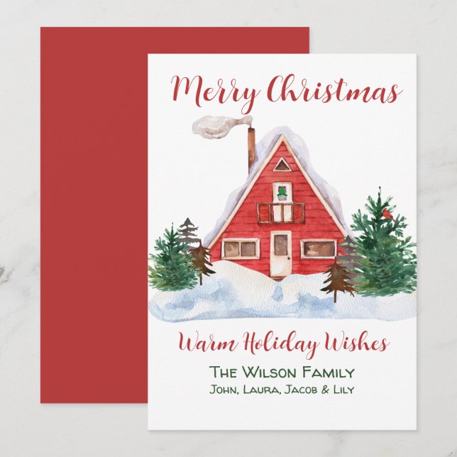Cosy Cabin Red Cardinal Green Pine Gnome Custom Holiday Card (Front/Back)