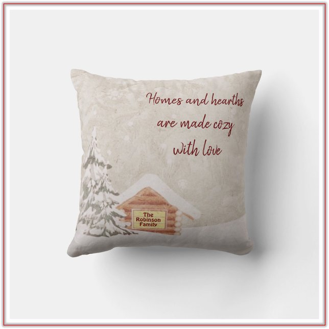 Cosy Cabin Snowy Winter Scene Throw Pillow (Creator Uploaded)
