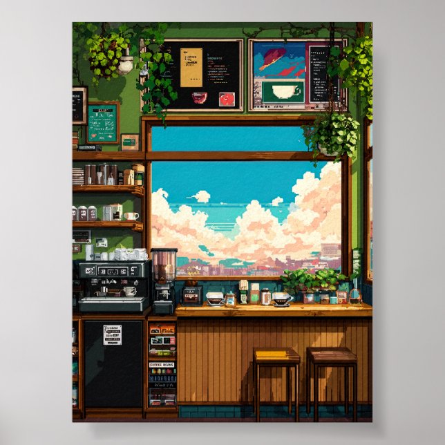 Cosy Cafe Window Pixel art Poster (Front)