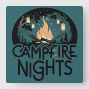 Cosy Campfire Nights Rustic Outdoor Adventure Square Wall Clock