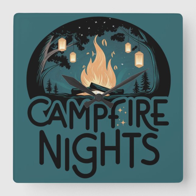 Cosy Campfire Nights Rustic Outdoor Adventure Square Wall Clock (Front)