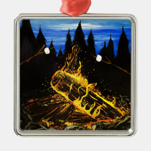 Cosy Campfire Sunset Forest Outdoor Adventure Metal Ornament