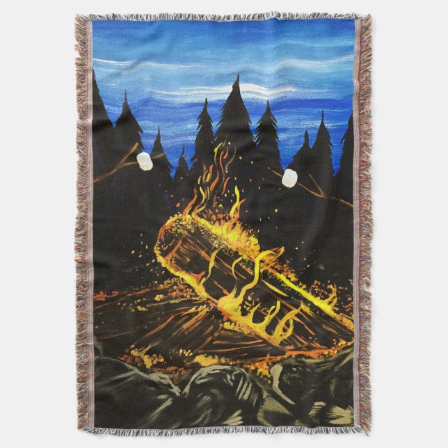 Cosy Campfire Sunset Forest Outdoor Adventure Throw Blanket (Front Vertical)