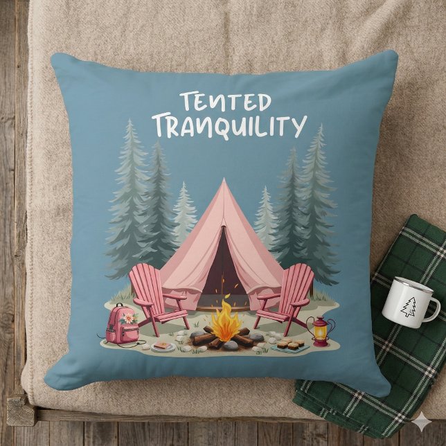 Cosy Camping Aesthetic Glamping Tent & Campfire Cushion (Cozy Camping Aesthetic Glamping Tent & Campfire Throw Pillow Mockup A)
